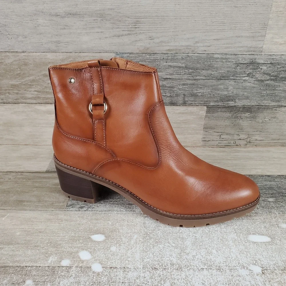 Pikolinos Llanes H2 Womens Ankle Boots Sz 11.5 Brown Leather Side Zip Block Heel